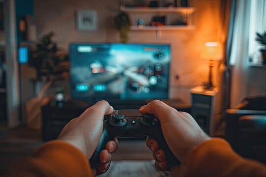 Close-up Of Male Hands Holding Gamepad And Playing Video Games At Home