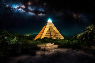 giant golden glowing pyramid rising in the tropical jungle under a nebulous sky