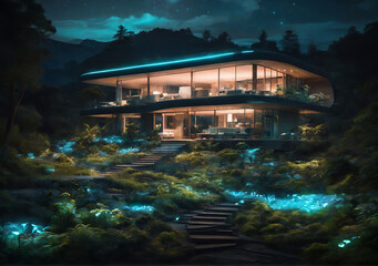 house surrounded by lush vegetation illuminated by bioluminescent plants creates a mesmerizing, eco-friendly, futuristic landscape. Illustration. Created with Generative AI