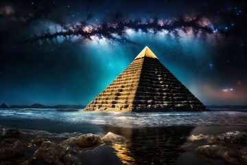 ancient alien pyramid above water , conspiracy theory illustration