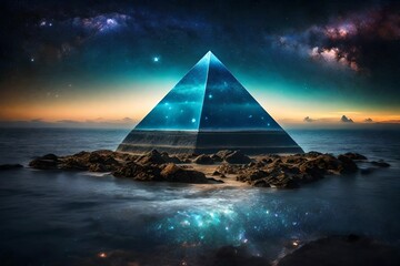 surreal galactic glowing pyramid , outerspace pyramid portal, nebulas and stary sky - obrazy, fototapety, plakaty