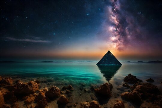 mystical pyramid surrounded by water under a starry sky