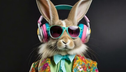 Rabbit in retro suit with colorful sunglasses and headphones on black background