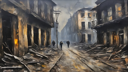 The oil painting the city suffered from the war brush strokes. Digital illustration created with Generative AI