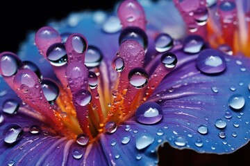  a close up of a purple flower with drops of water on it's petals and the center of the flower.