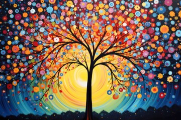  a painting of a colorful tree with lots of circles on it's branches and a yellow sun in the background.