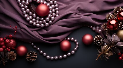  a close up of a necklace, pearls, and other ornaments on a purple cloth with a purple satin background.