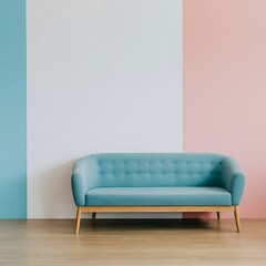 Minimalist interior in a painted wall, soft sofa. Light blue, pink, white pastel colors. Cute cozy interior composition