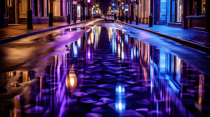 Fototapeta na wymiar a flooded street at night with bright lights reflecting in it