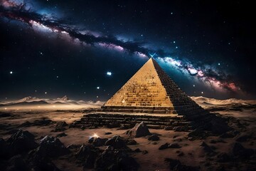 mystical ancient pyramid on outerspace planet , dark starry sky and nebula