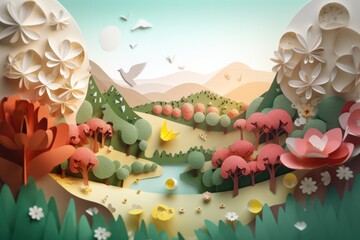 paper landscape. paper cut-out landscape background. eco concept. paper craft for children's room,