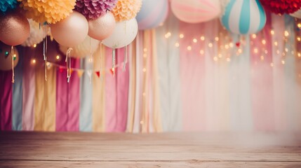 Festive entertainment themed design with blurred bokeh, playful props, and dynamic light streaks