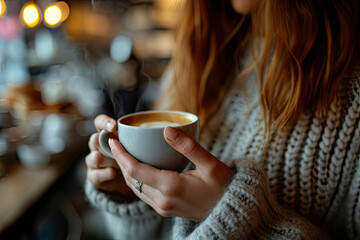 Woman holding cup of coffee in cafe. Close up of female hands with hot drink