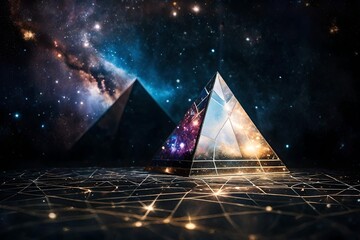surreal  glowing  spatial pyramid , outerspace pyramid portal, nebulas and stary sky - obrazy, fototapety, plakaty