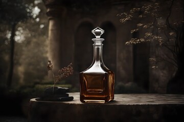 Obraz na płótnie Canvas luxury liquor bottle decanter presentation , old stone castle background