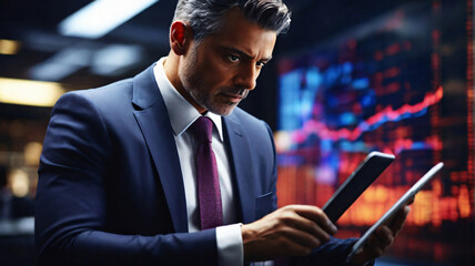 businessman using a tablet to analyze large data sets in a time-sensitive scenario, such as a stock market or a sports game, with a dynamic and energetic background that emphasizes the urgency