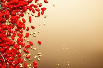  a close up of a bunch of red and yellow seeds on a brown background with space for text or image.