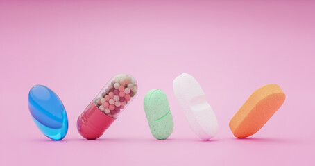 Different medications tilted up on pink colored background with space for text. Pharmaceutical prescription concept.