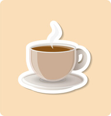 Espresso sticker illustration. Coffee, cup, steam, saucer. Editable vector graphic design.