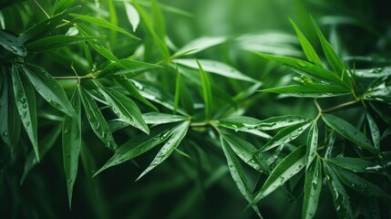  a close up of a green leafy plant with water droplets on it's leaves and a blurry background. - obrazy, fototapety, plakaty