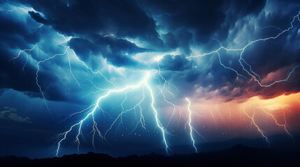 Dramatic sky with powerful lightning bolts striking down over a mountain range during a severe thunderstorm.