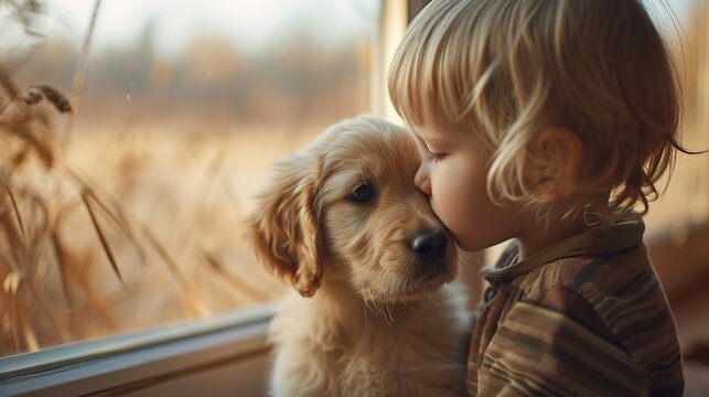 Adorable small boy tenderly kisses a cute puppy s nose by the big window overlooking the floor
