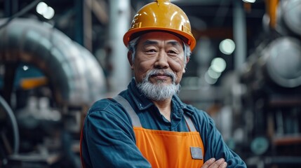 Asian factory worker with gray beard in safety helmets,