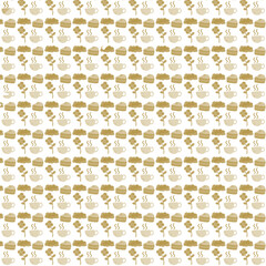 The fabric pattern in brown tones has endless images of coffee cups, flowers, cakes, clouds in a cute light brown color