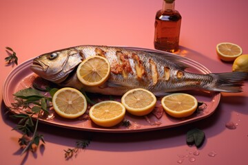  a fish sitting on top of a pink plate next to lemons and a bottle of beer on a pink table.