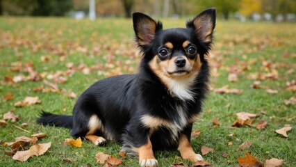 Black and tan long coat chihuahua dog in the park