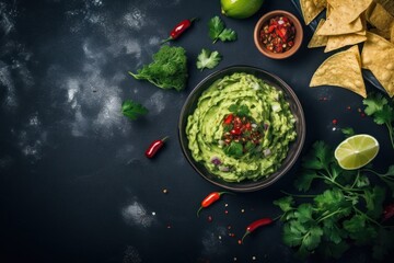  a bowl of guacamole surrounded by tortilla chips, limes, chili, and cilantro.