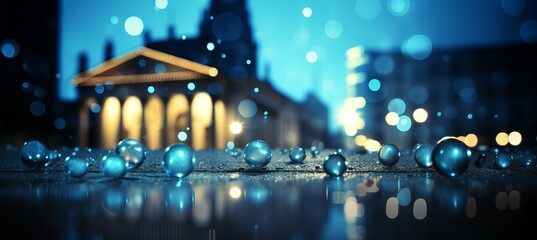 Abstract blurred bokeh background with financial data visualizations and banking icons