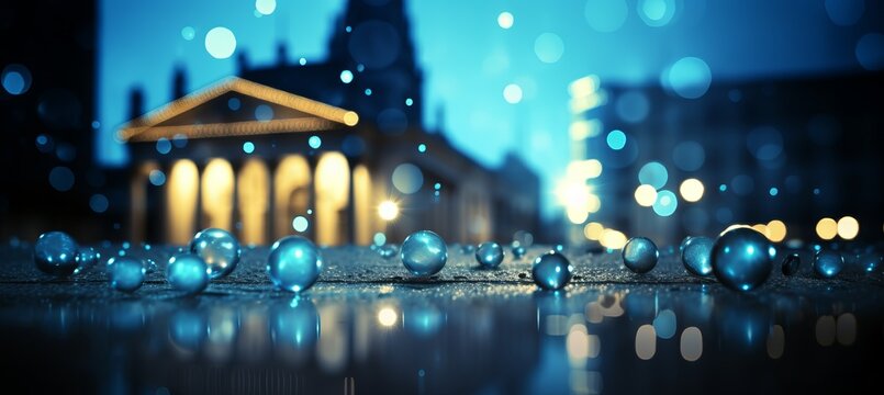 Abstract blurred bokeh background with financial data visualizations and banking icons