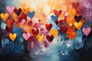  a painting of a bunch of hearts on a blue, pink, yellow, red, orange and black background.