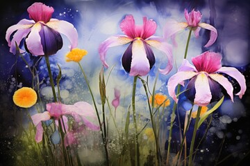  a painting of pink and purple flowers in a field of grass with a blue sky in the background and bubbles of water on the ground.