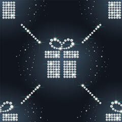 Gift box made of diamonds on a blue-black background seamless pattern. Gift for Christmas, Valentine's Day, birthday, anniversary, women's day. Vector