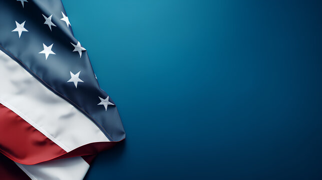 A close up of an American flag on a blue background with space