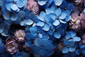  a close up of a bunch of blue and pink flowers with one flower in the middle of the picture and one flower in the middle of the picture.