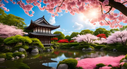 Fotobehang Beautiful Japanese garden with pagoda and sakura © barberry