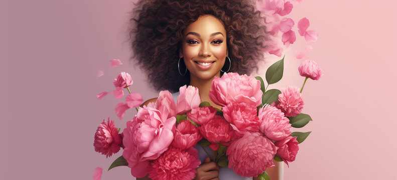 happy African American young woman with bunch of peony flowers