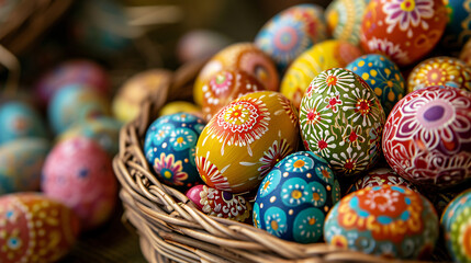 Fototapeta na wymiar A close-up of a variety of hand-painted Easter eggs with intricate patterns and vibrant colors displayed in a woven basket.