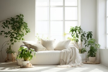  a living room with a couch, potted plants, a window and a blanket on top of the couch.