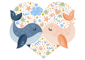Beautiful adorable whale couple on heart