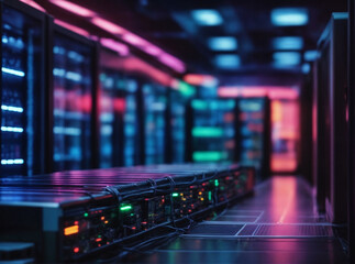 Empty modern server room with large servers, wires and buttons. Data storage, cloud storage, mining farm.