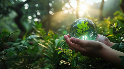 Hand holding globe of green leaf against nature, Protecting globe development environmental and business responsible environmental