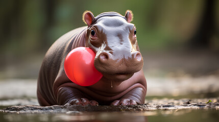 A very young hippo with a pacifier in the mouth