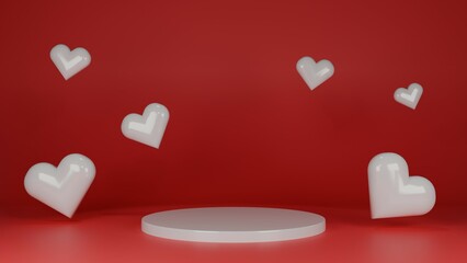 3D Rendering Red Valentine card with white hart podium for product advertising