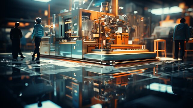 Highly skilled workers operating heavy machinery in a dynamic factory floor environment