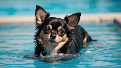 Black and tan long coat chihuahua dog in the swimming pool