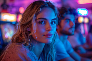 Stylish young woman play in arcade video games